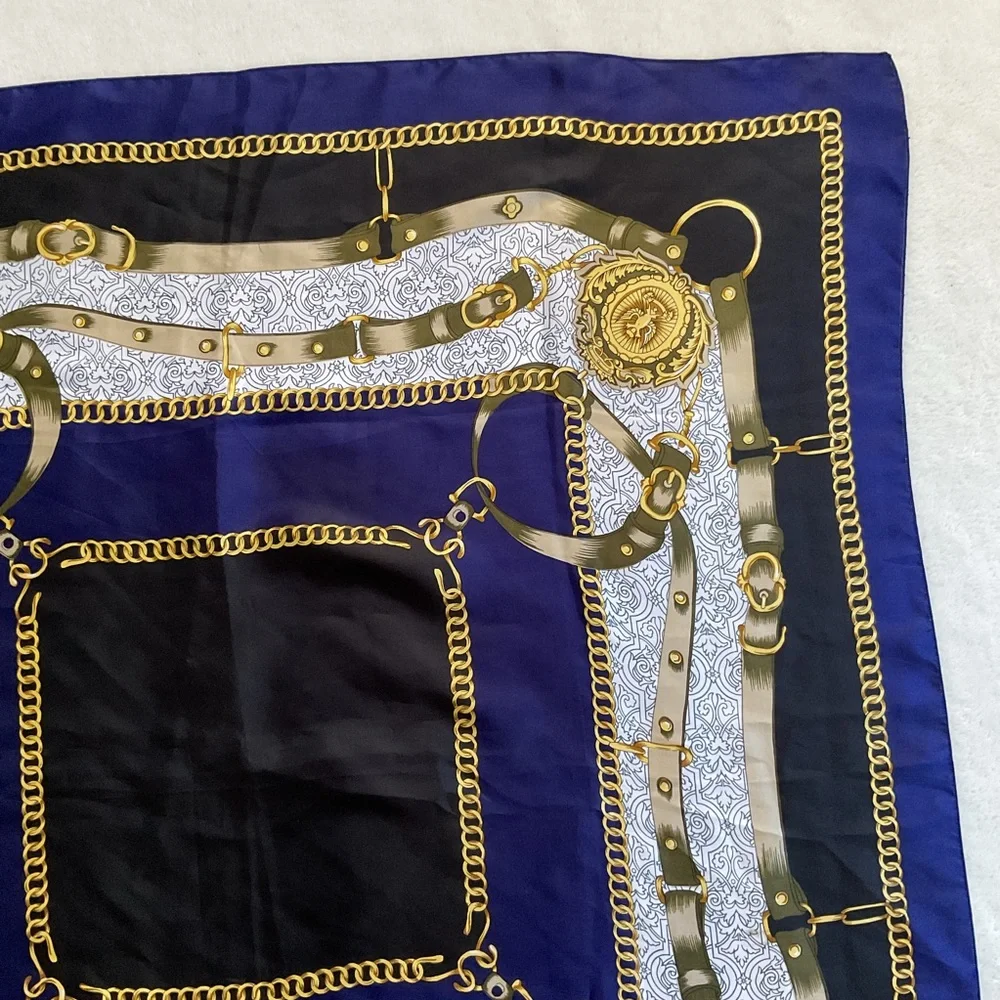 Vintage Equestrian Chain Medallion Scarf 36” Square Navy Gold Silk Feel